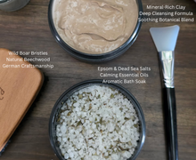 Load image into Gallery viewer, purifying clay mask, boar bristle brush, german made, beechwood, epsom salt, herbs, bath soak, sage, peppermint, baking soda, exfoliating