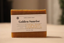 Load image into Gallery viewer, Golden Sunrise hand and body soap bar. handcrafted, vegan. Olive Seed