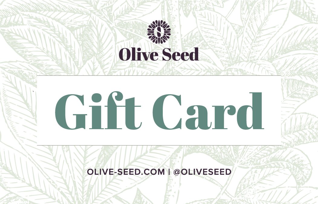 Olive Seed Gift Card with floral background. Olive Seed