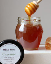 Load image into Gallery viewer, Cayenne Infused Honey with wood honey dipper - Olive Seed