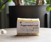 Load image into Gallery viewer, Peppermint Leaf hand and body soap bar on a stand with a plant. 5 oz., handcrafted, organic, vegan. Olive Seed
