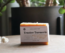 Load image into Gallery viewer, Trustee Turmeric hand and body soap bar on a stand with plant in background. handcrafted, organic, vegan. Olive Seed
