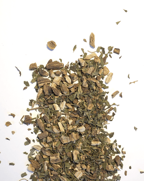 Activi-TEA, burdock root and peppermint loose tea on white background. Olive Seed