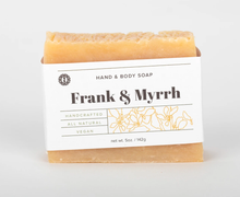 Load image into Gallery viewer, Frank &amp; Myrrh 5 oz. hand and body soap bar. handcrafted, all natural, vegan. Olive Seed
