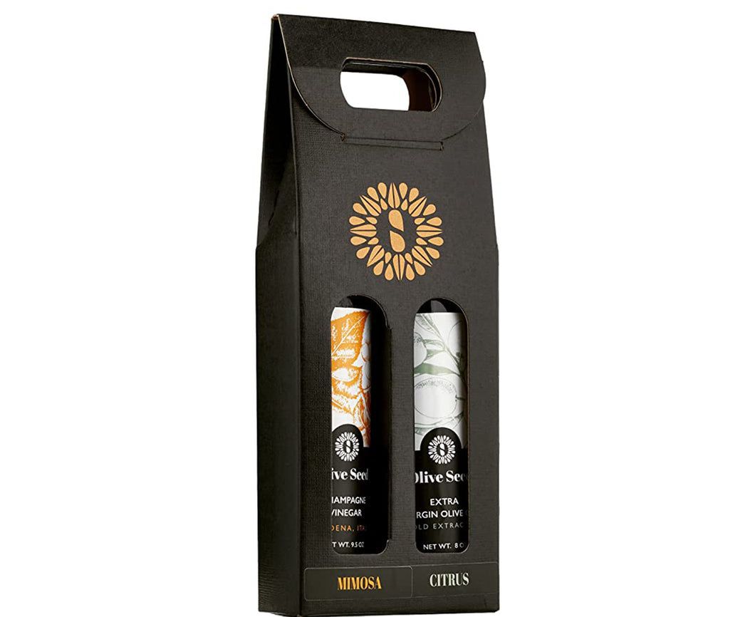Olive Seed olive oil & vinegar black gift pack with the Olive Seed brandmark. Holds two bottles.